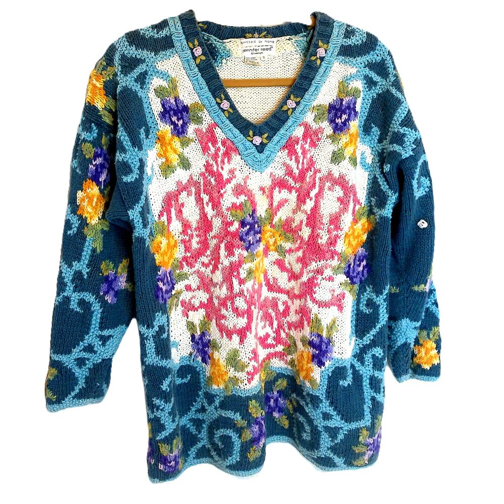 Vintage Jennifer Reed Hand Knit All Over Floral Sweater Granny Cottagecore Small
